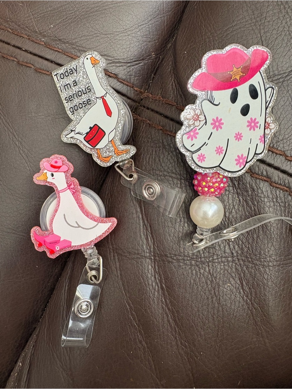 Pink Goose & Ghost Badge Reel Set - Cute Kids Accessories